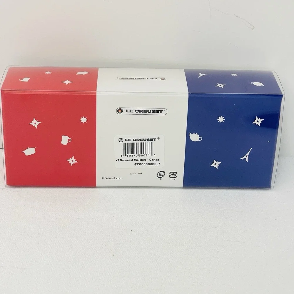 Le Creuset Cerise Red Miniature Set of 3 Ornaments‎ Mug Teapot Dutch Oven NEW